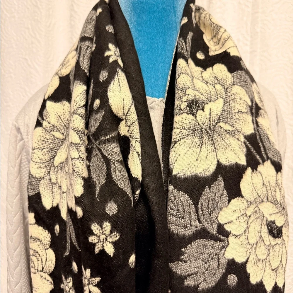 Large Floral Black and Cream Reversible Shawl,Scarf, Poncho.